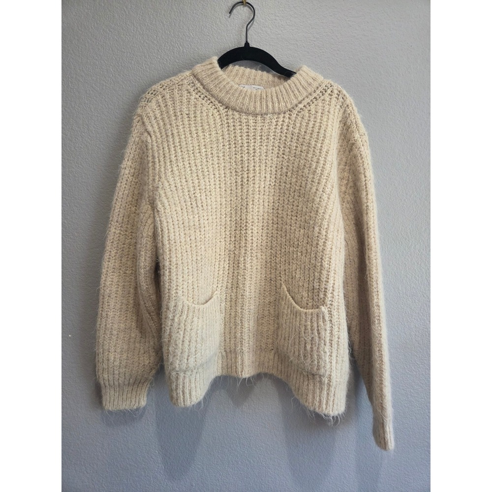 Zara Sweater Womens Small Beige Chunky Ribbed Knit Pocket Crew Neck Fair